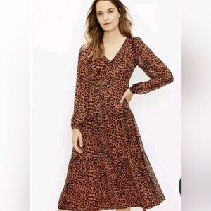 LOFT Leopard Print Tiered V-Neck Midi Dress